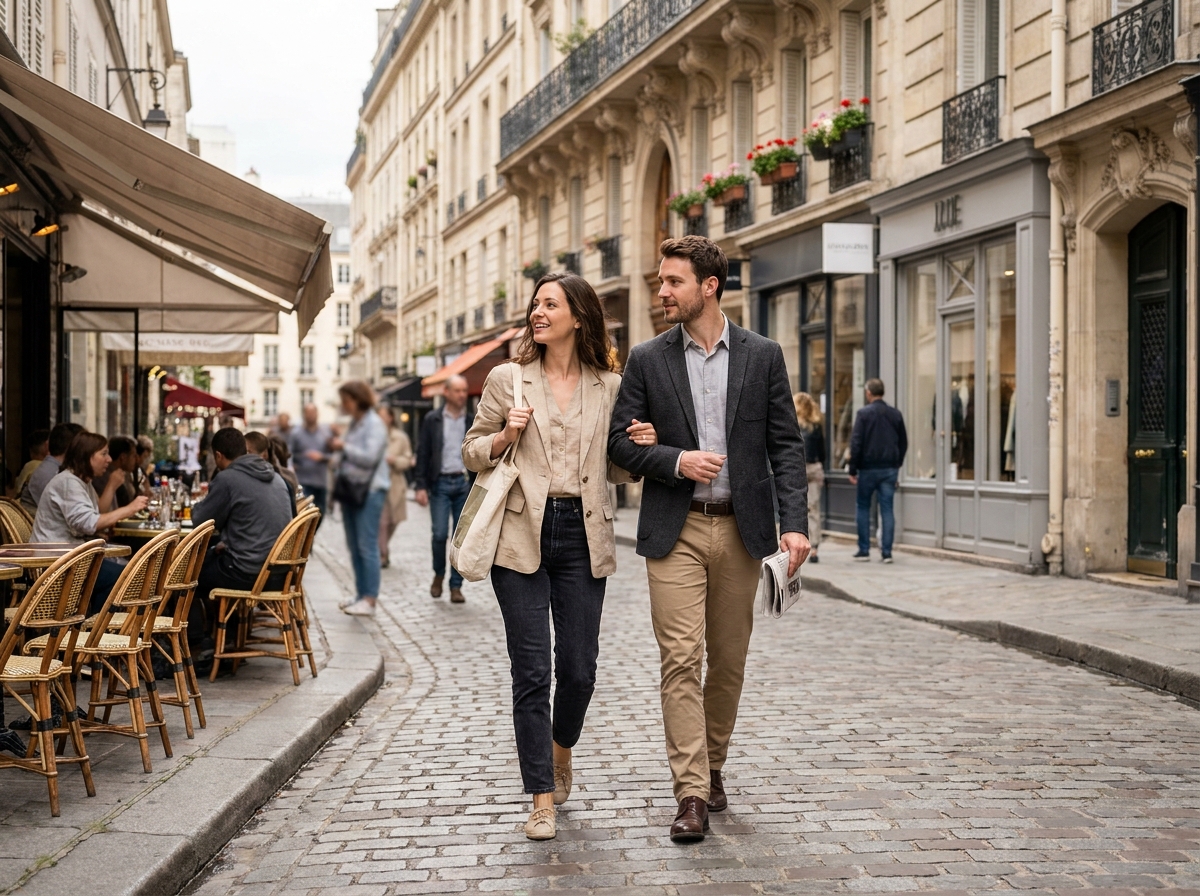 Jeune couple de cadres se promenant dans une rue animée du 3e arrondissement de Paris