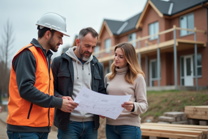 Couple avec ouvrier devant leur maison en construction