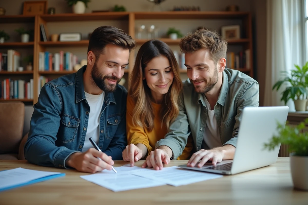 Jeune couple discute avec un agent immobilier autour de documents