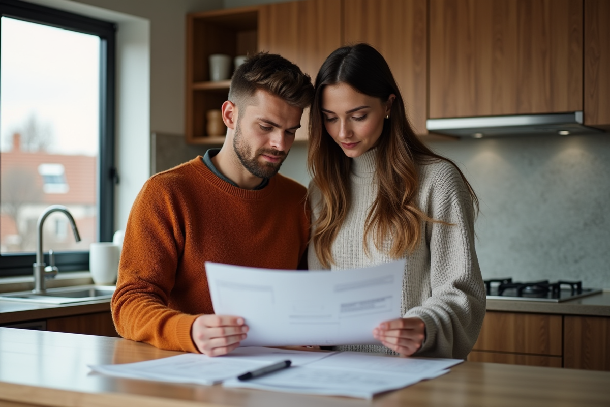 Jeune couple examine des documents de toiture à la maison