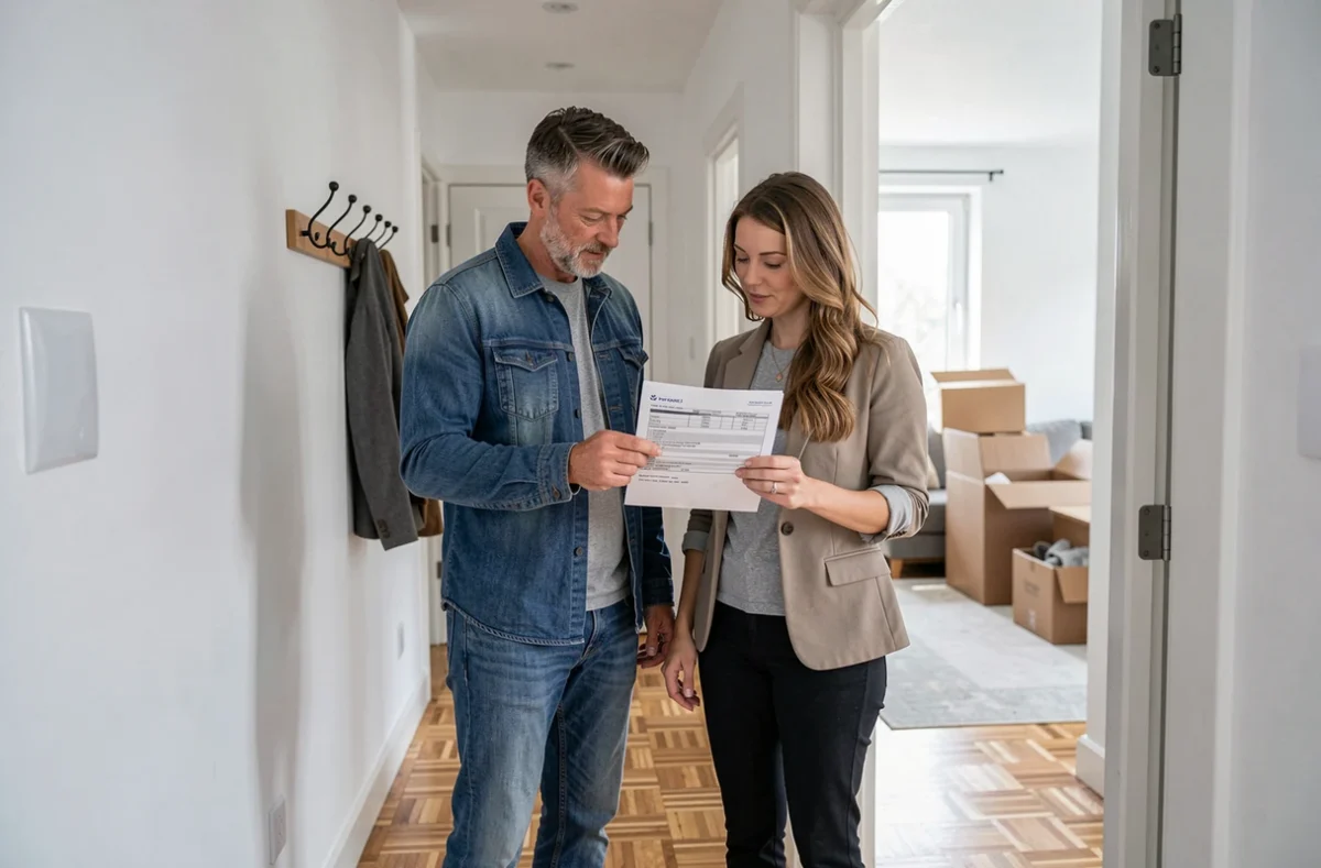 Couple examinant un devis d'assurance habitation dans le couloir de leur nouvel appartement T3