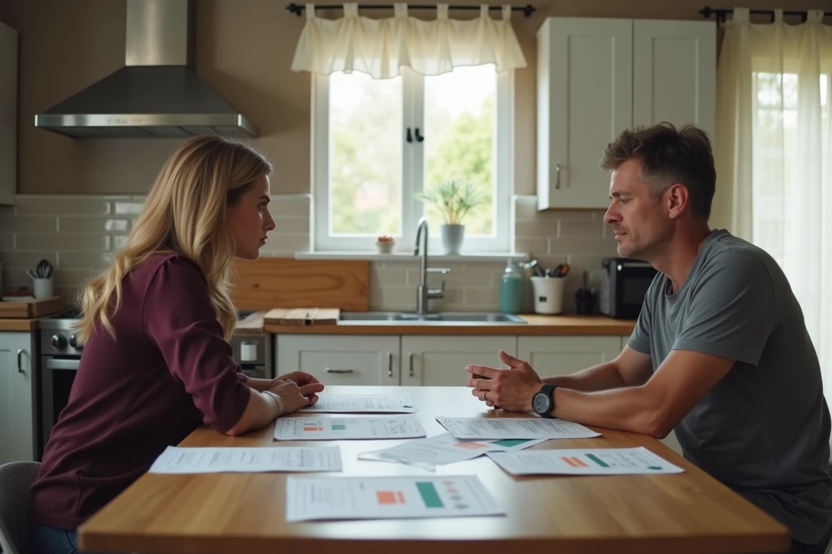 Couple en instance de divorce assis autour d'une table de cuisine avec des documents de vente immobilière entre eux