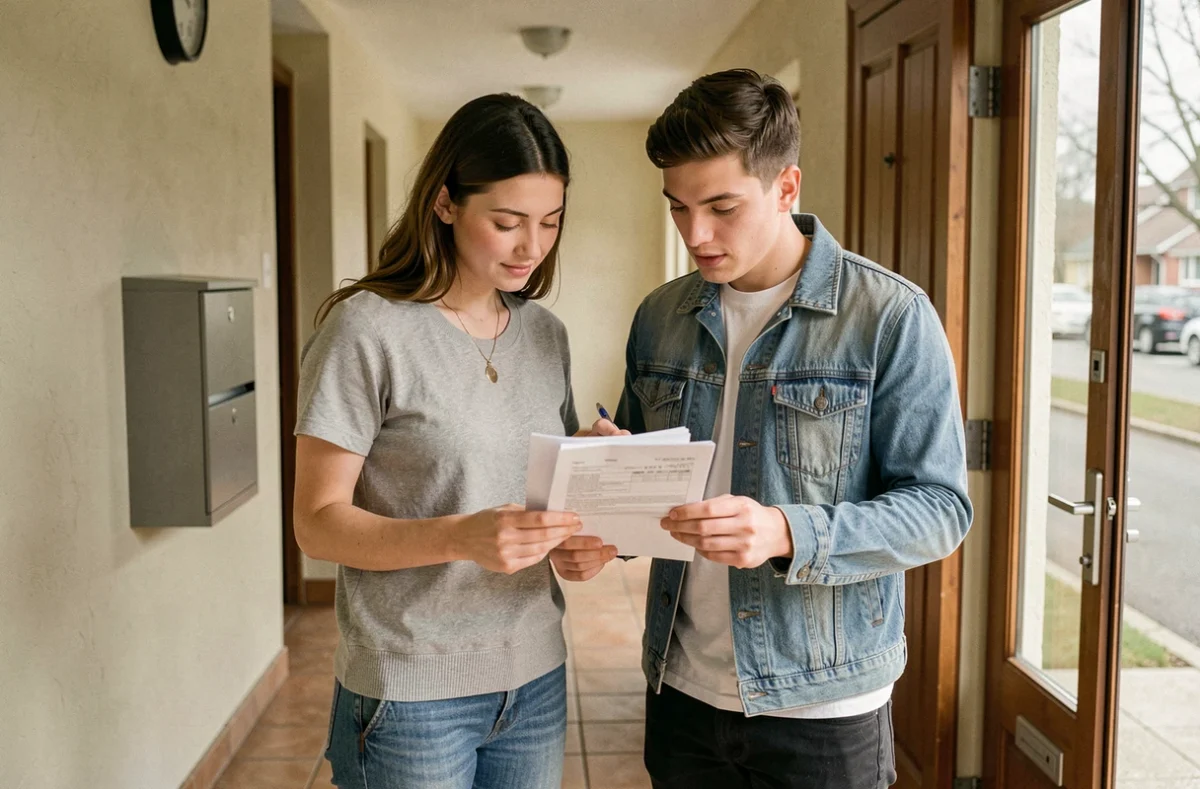 Couple de jeunes adultes consultant des documents d'assurance habitation dans le couloir de leur immeuble