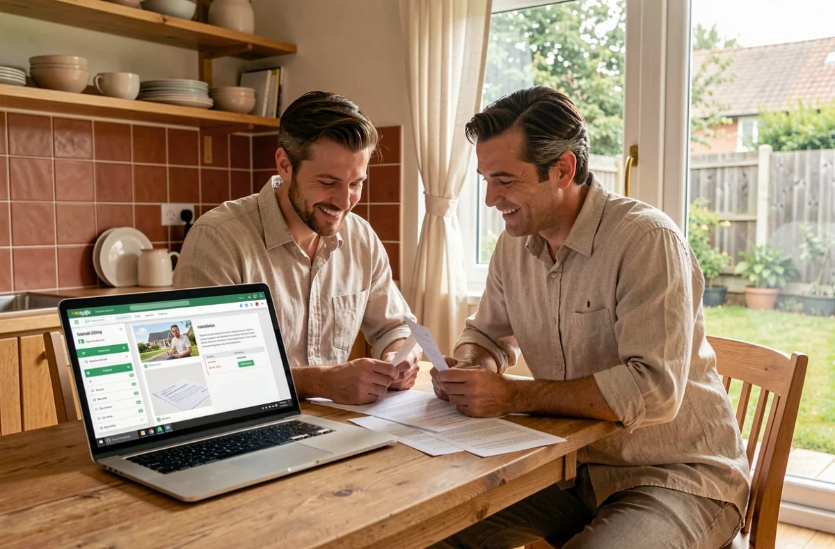 Couple étudiant les documents d'estimation immobilière à la table de leur cuisine avant une vente