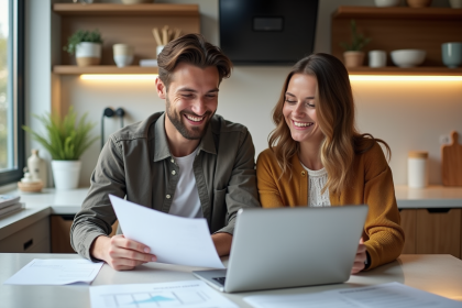 Couple souriant en cuisine avec documents financiers