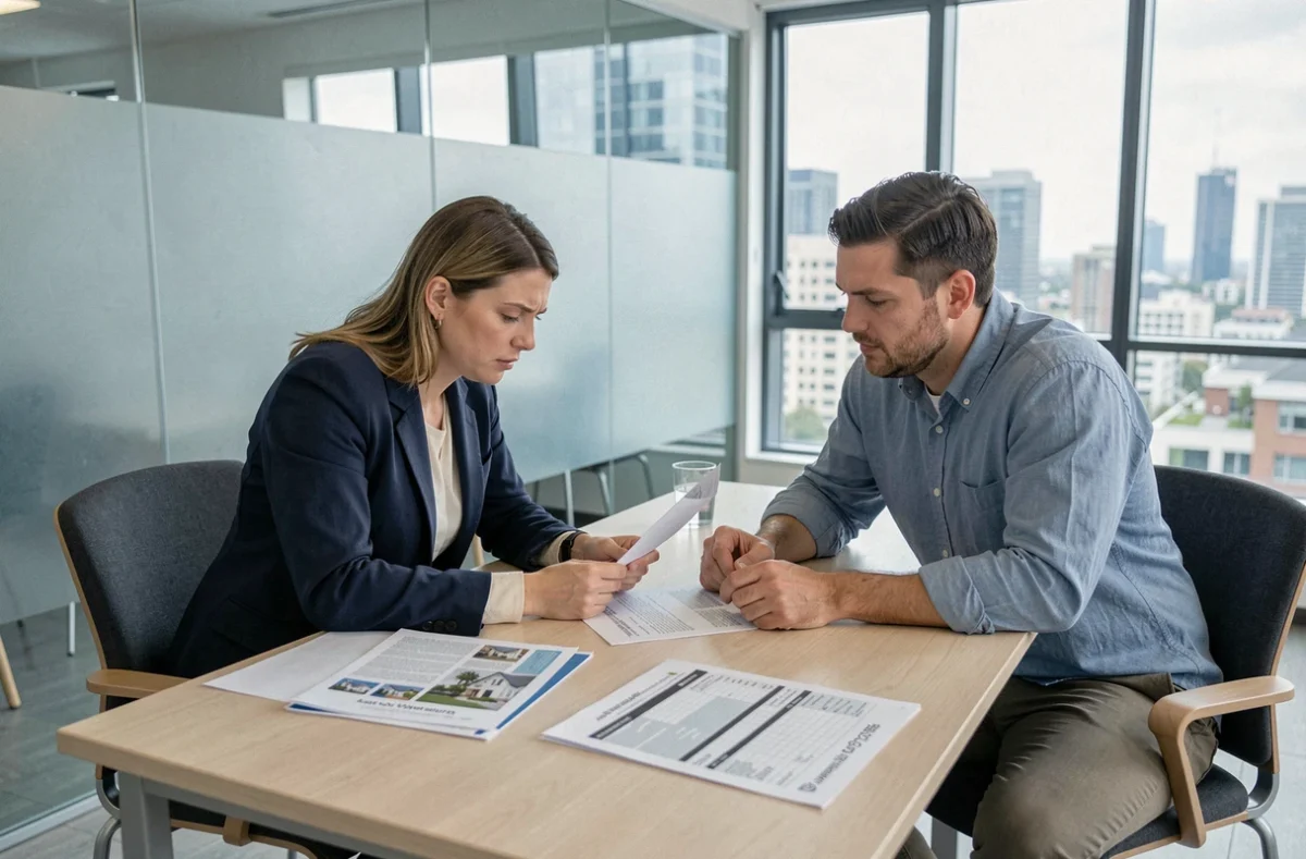 Couple discutant des frais d'adjudication avec un agent immobilier dans une agence moderne