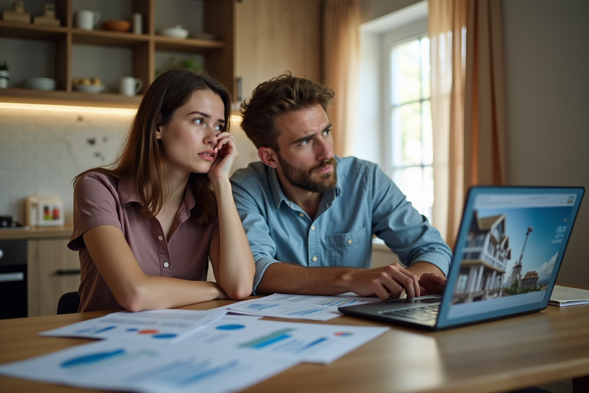 Jeune couple inquiet analysant documents financiers à la maison