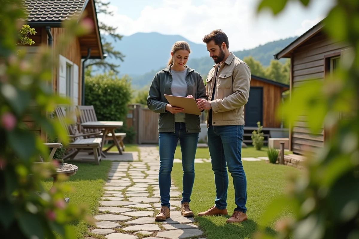 Jeune couple regardant la maison de campagne