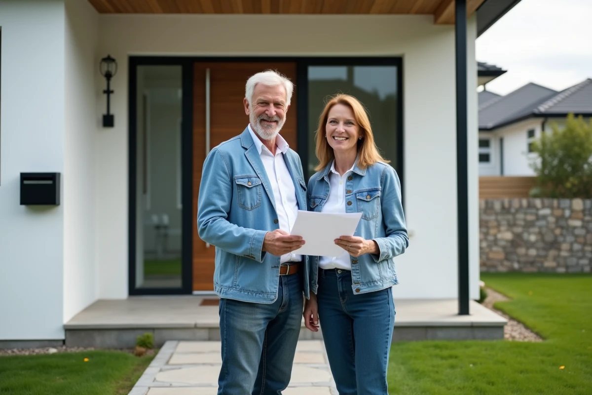 Couple devant une maison neuve tenant des documents immobiliers