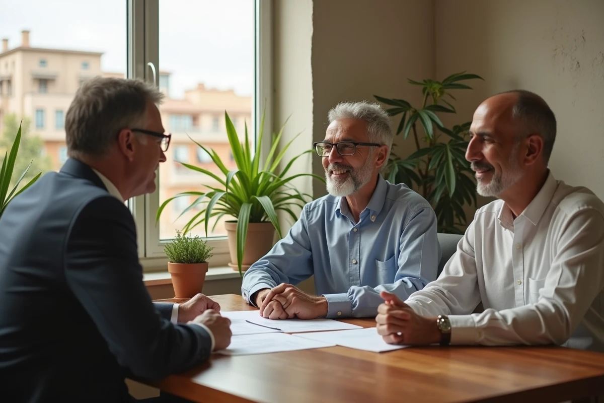 Couple marocain examine documents immobiliers dans un bureau lumineux
