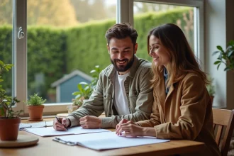 Jeune couple organisant des documents dans un salon lumineux