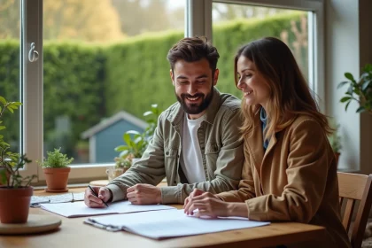 Jeune couple organisant des documents dans un salon lumineux
