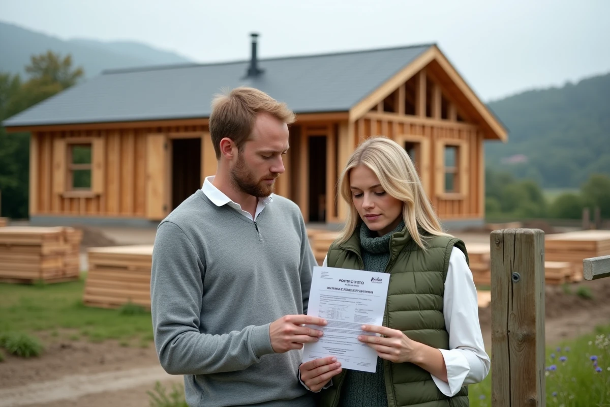 Couple examinant un permis de construire affich&eacute; sur un chantier de maison en ossature bois en zone naturelle