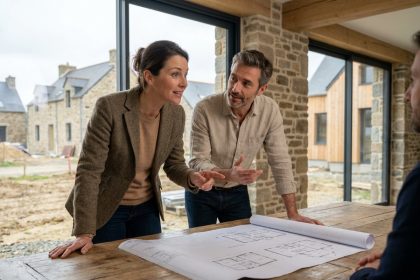 Couple examinant des plans architecturaux avec un constructeur dans un showroom en Ille-et-Vilaine