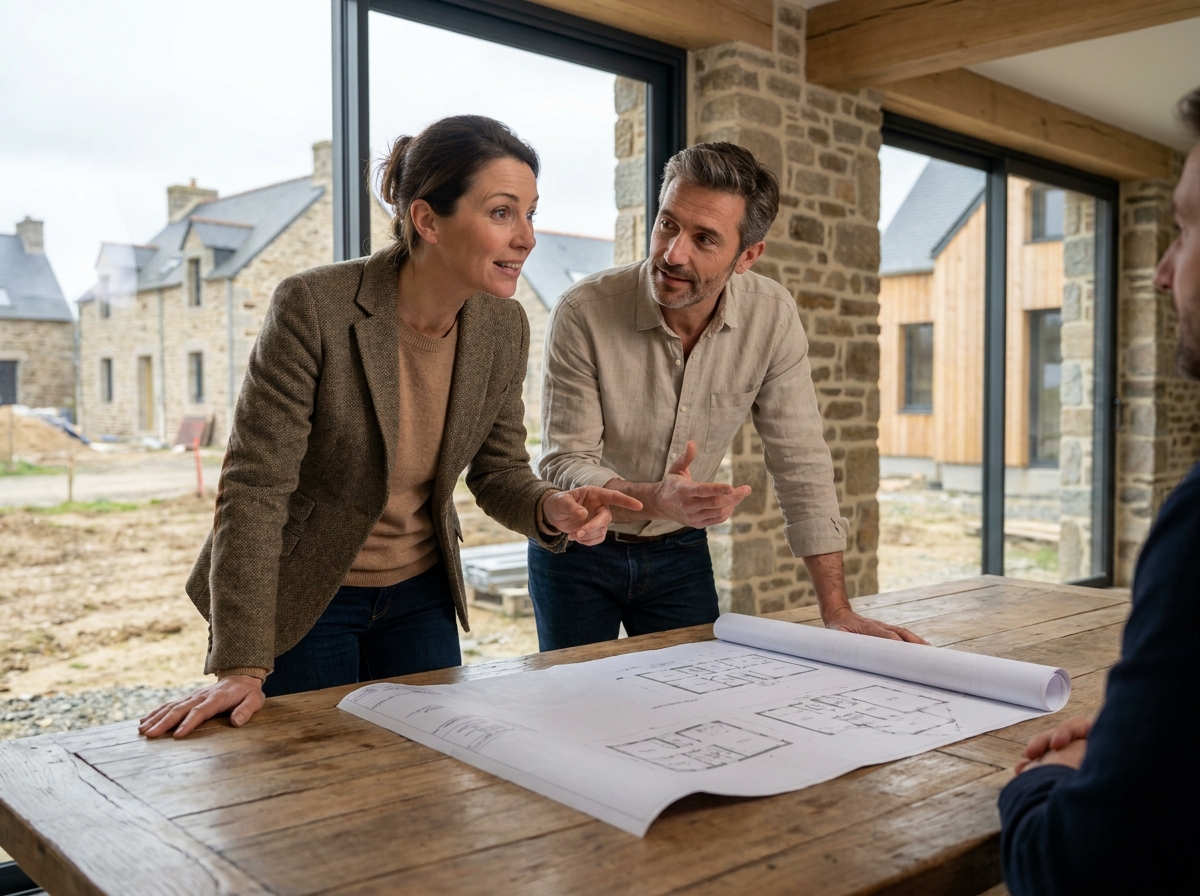 Couple examinant des plans architecturaux avec un constructeur dans un showroom en Ille-et-Vilaine