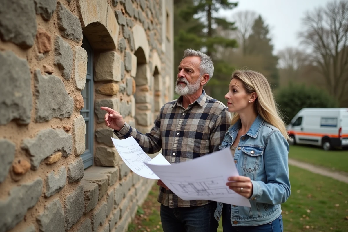 Couple de futurs propriétaires examinant les plans de rénovation d'un manoir à vendre à prix symbolique en France