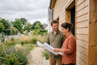 Couple de nouveaux propriétaires devant leur maison en bois à Nantes, tenant des plans architecturaux sur le porche en bois de Douglas