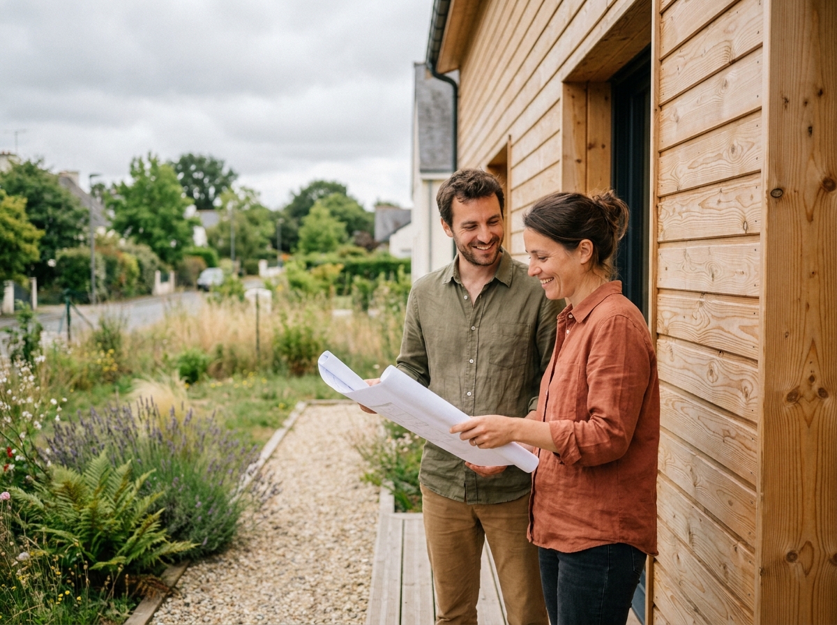 Couple de nouveaux propriétaires devant leur maison en bois à Nantes, tenant des plans architecturaux sur le porche en bois de Douglas