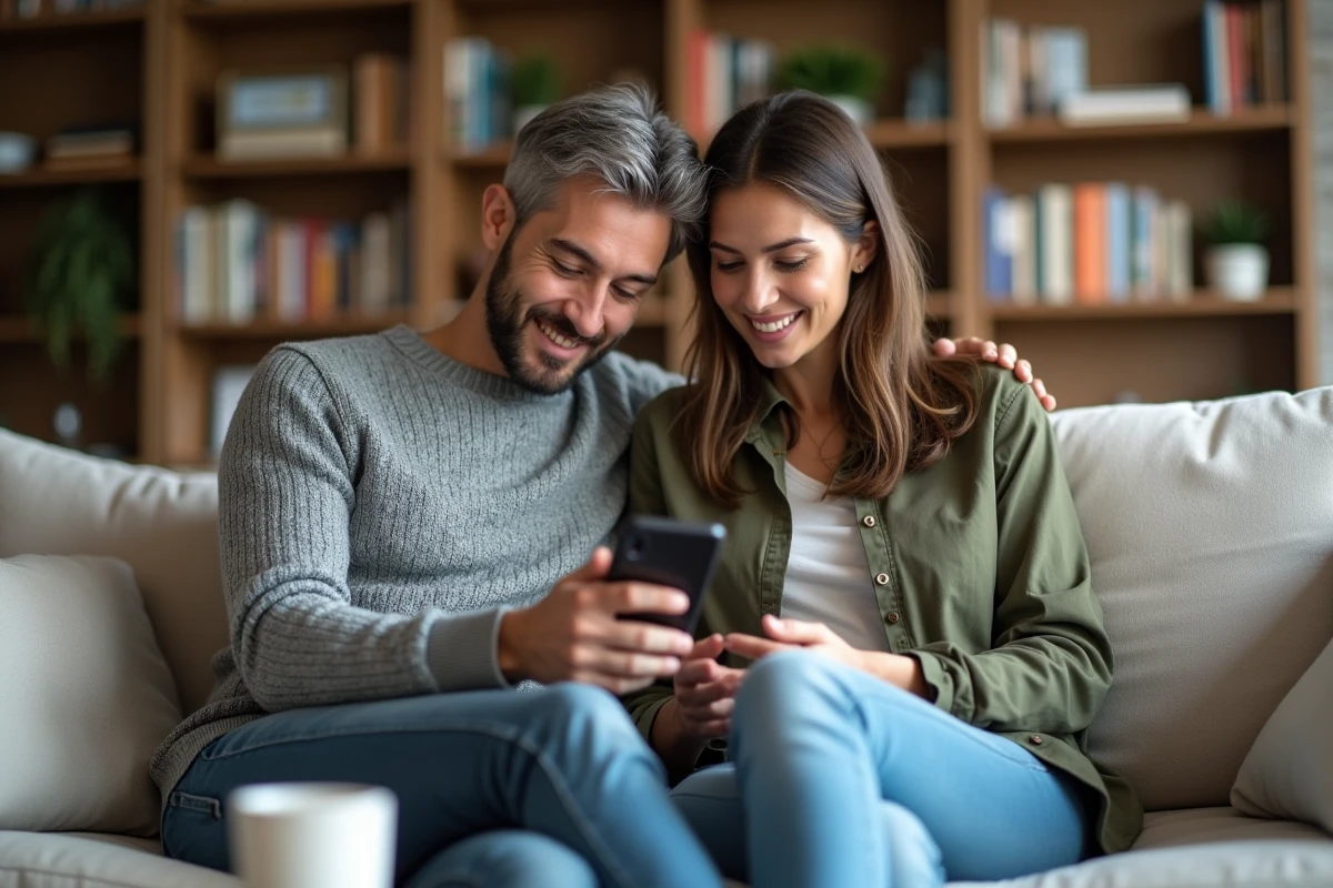 Couple de propriétaires consultant leur espace client MyFoncia sur smartphone dans leur salon