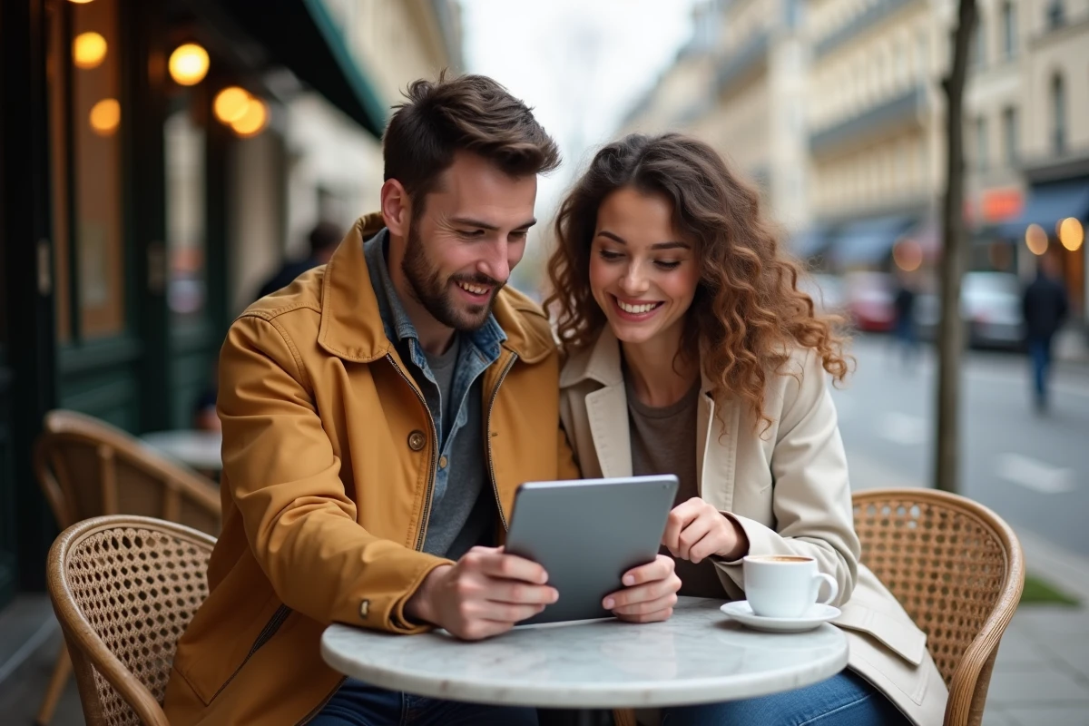 Couple cherchant un appartement abordable à Paris sur une tablette dans un café parisien