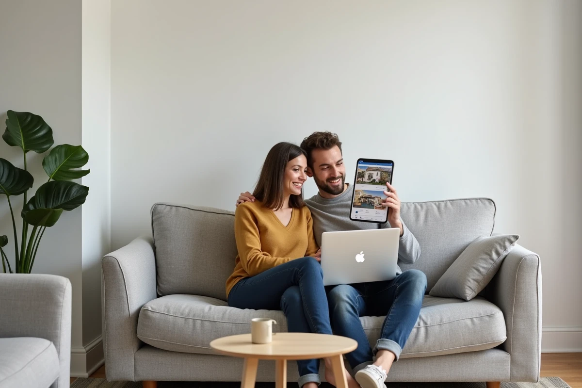 Couple recherchant un bien immobilier sur ordinateur portable à domicile grâce à un outil de recherche en ligne
