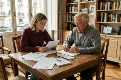 Couple de retraités étudiant des documents financiers liés au viager mutualisé dans leur appartement