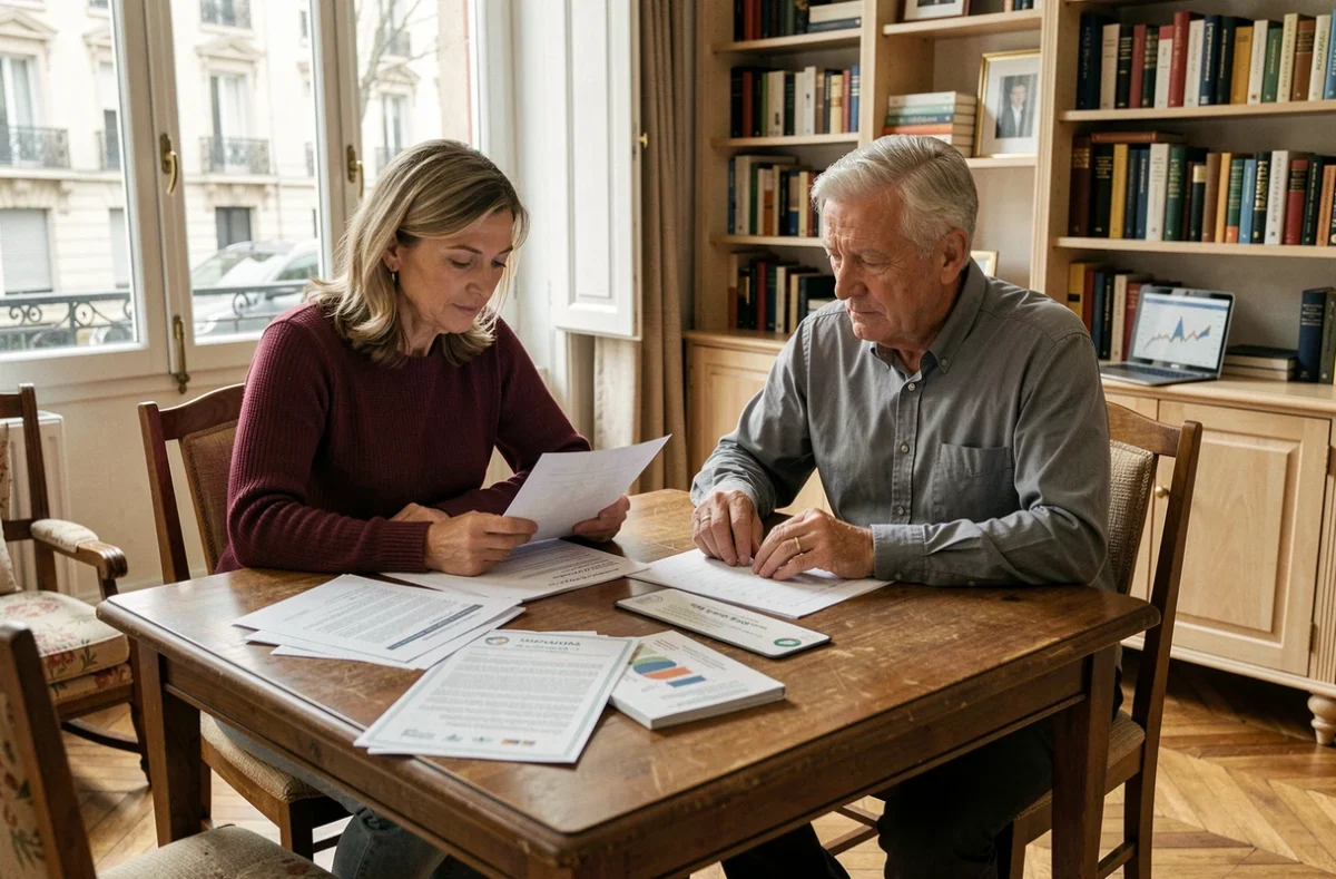 Couple de retraités étudiant des documents financiers liés au viager mutualisé dans leur appartement