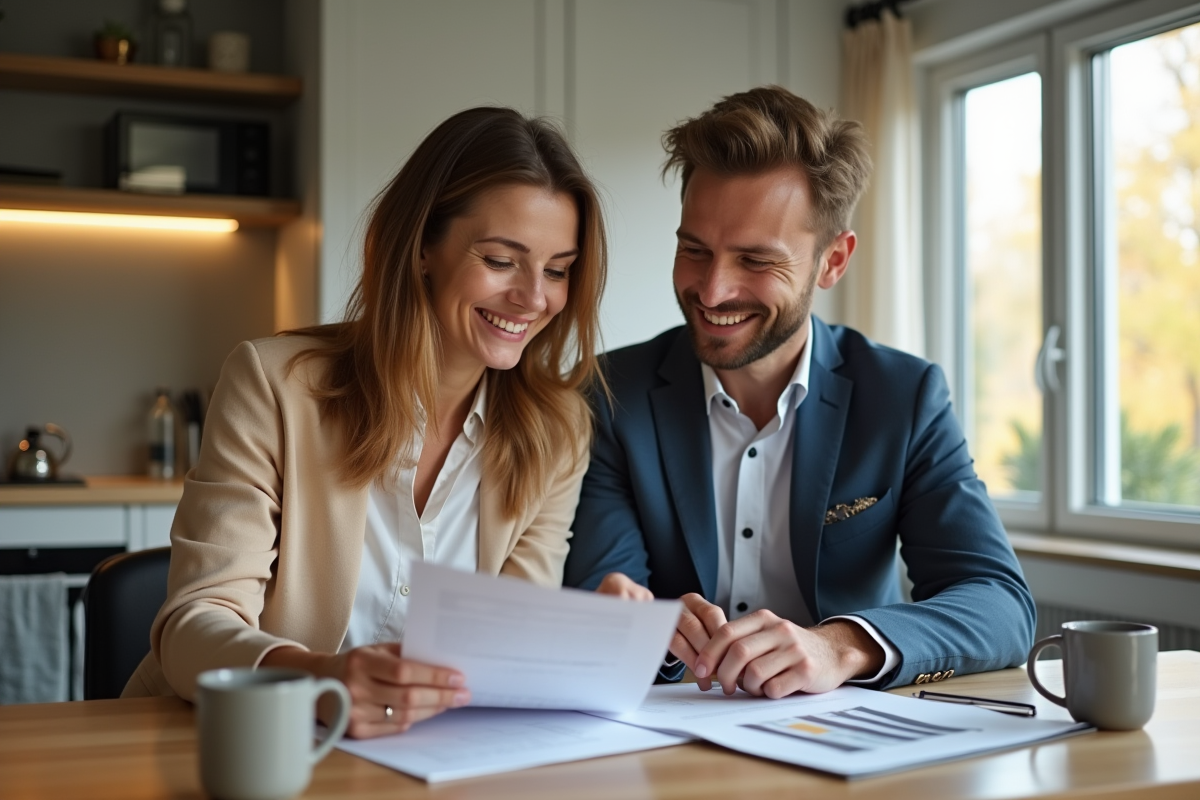 Couple souriant revoyant des papiers financiers dans la cuisine
