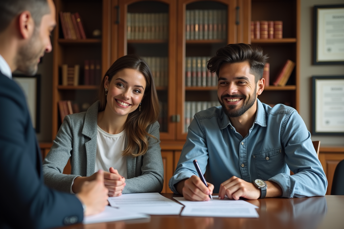 Jeune couple signant un contrat chez le notaire
