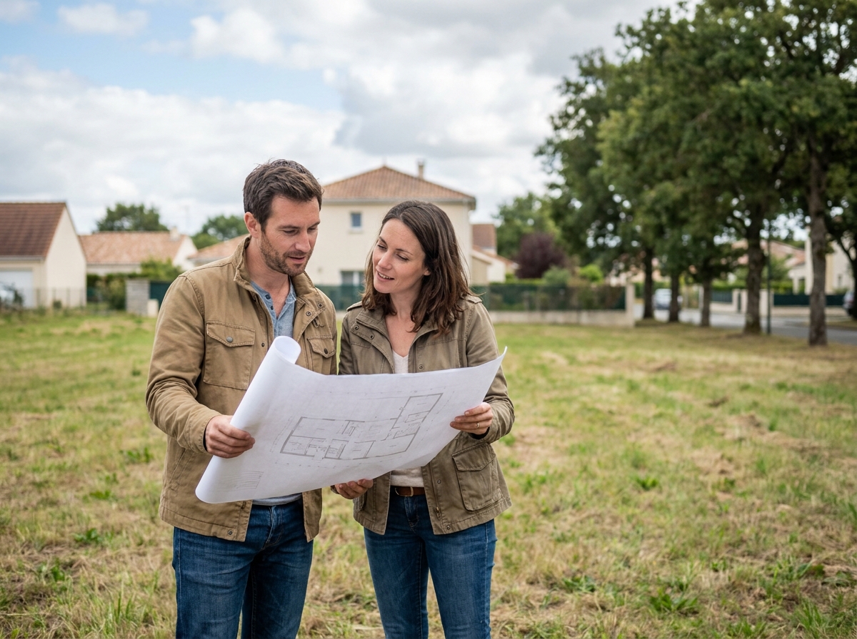 Couple examinant des plans architecturaux sur un terrain à bâtir vide dans un quartier résidentiel de Nantes