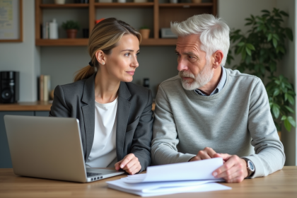 Couple d'adultes au travail à la maison avec documents