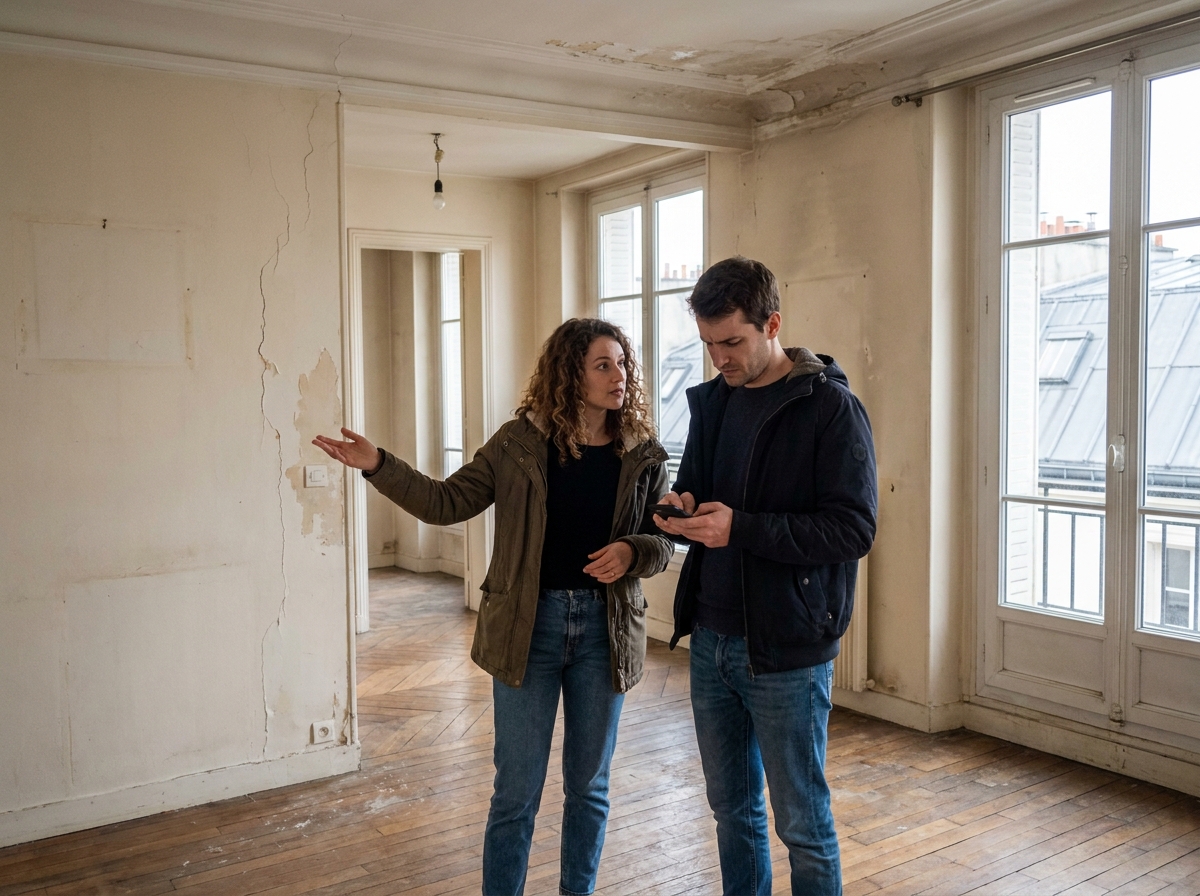 Couple visitant un appartement vide à Paris lors d'une visite immobilière
