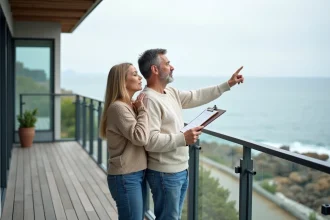 Couple regardant l'océan depuis la terrasse d'une maison moderne