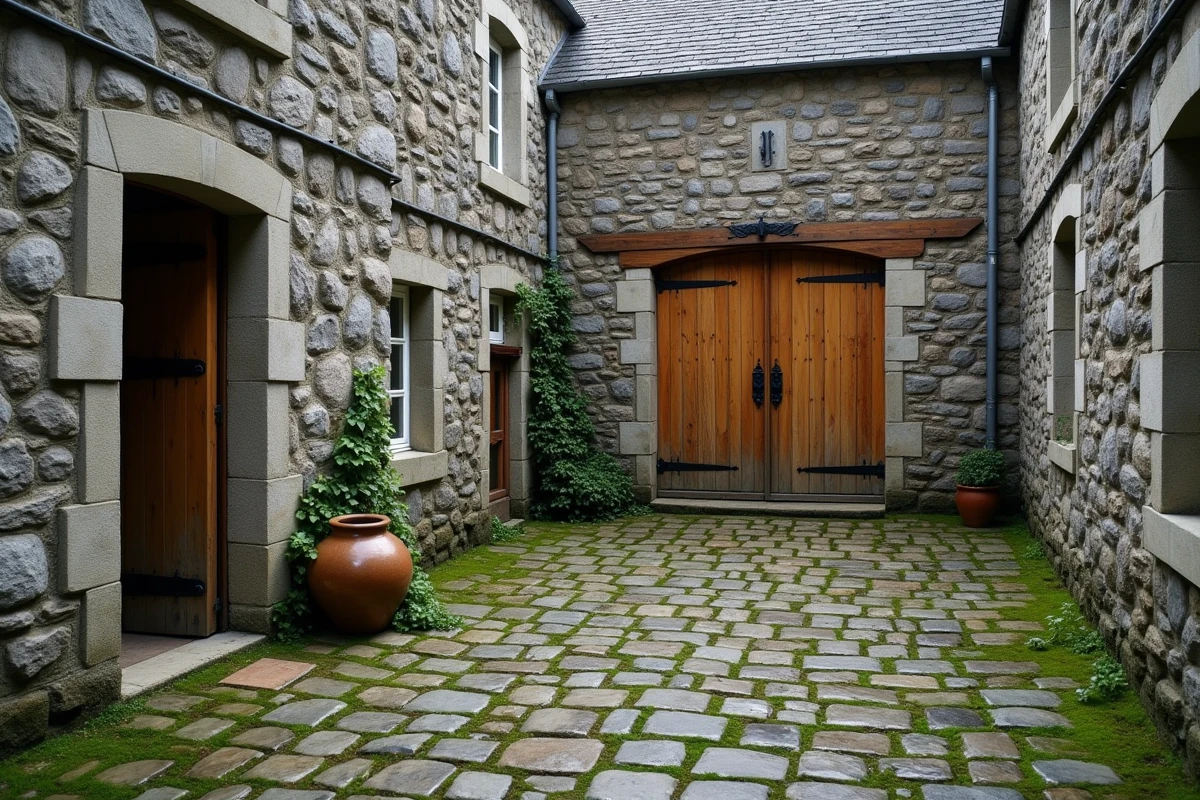 Cour intérieure en pierre d'une longère bretonne restaurée avec pavés anciens et porte en chêne, ambiance authentique