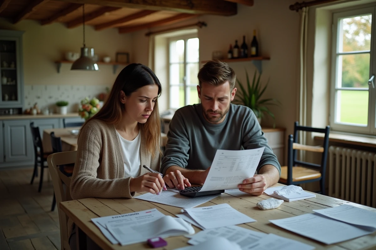 Couple calculant les coûts supplémentaires et charges d'une maison avec jardin en location