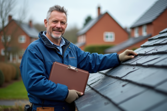 Artisan couvreur devant un toit en ardoise bien entretenu