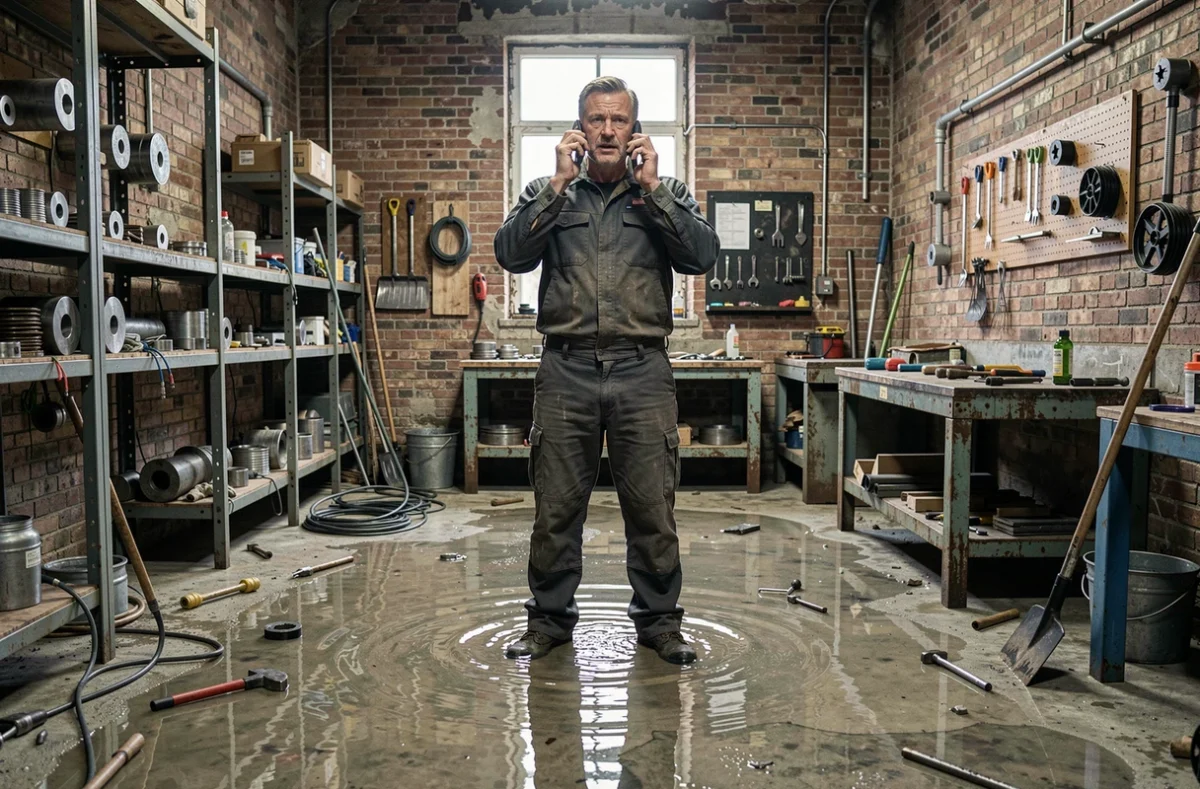 Artisan plombier constatant des dégâts des eaux dans son atelier professionnel couverts par l'assurance multirisque