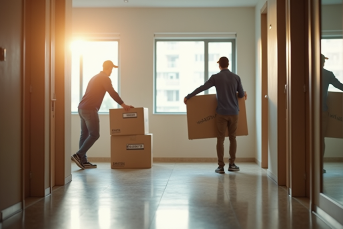 Professionnels manipulant des cartons dans un couloir lumineux