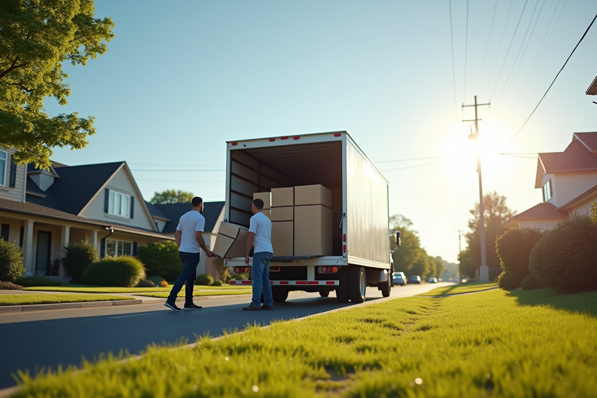 Professionnels déplaçant des meubles dans un camion de déménagement