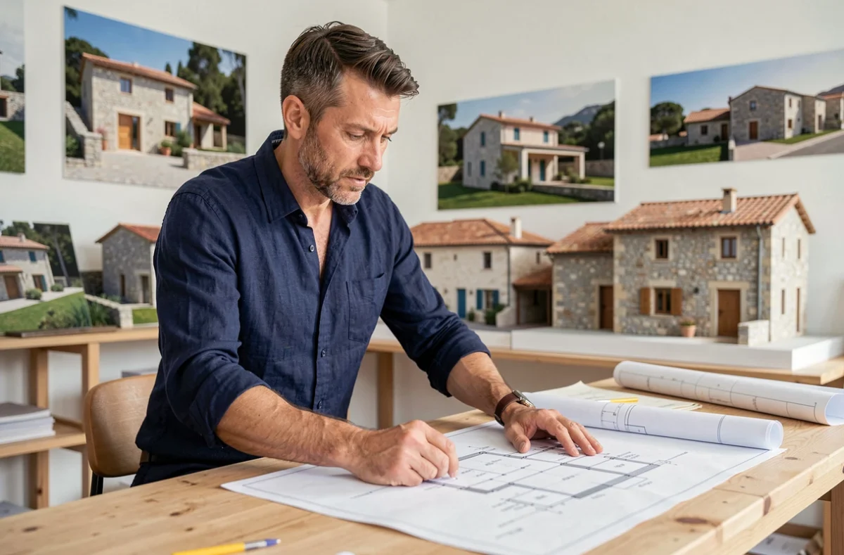 Architecte de Demeures Corses étudiant des plans de maison individuelle dans son bureau de conception