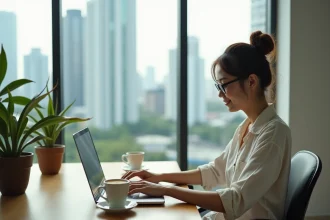 Digital nomade travaillant sur son ordinateur portable dans un condo moderne de Bangkok avec vue sur la ville