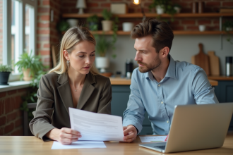 Femme et jeune homme discutant assurance dans cuisine moderne