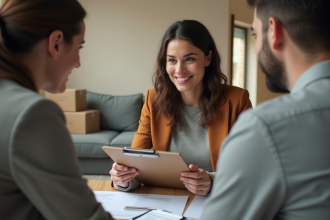 Femme discutant avec un propriétaire dans un appartement moderne