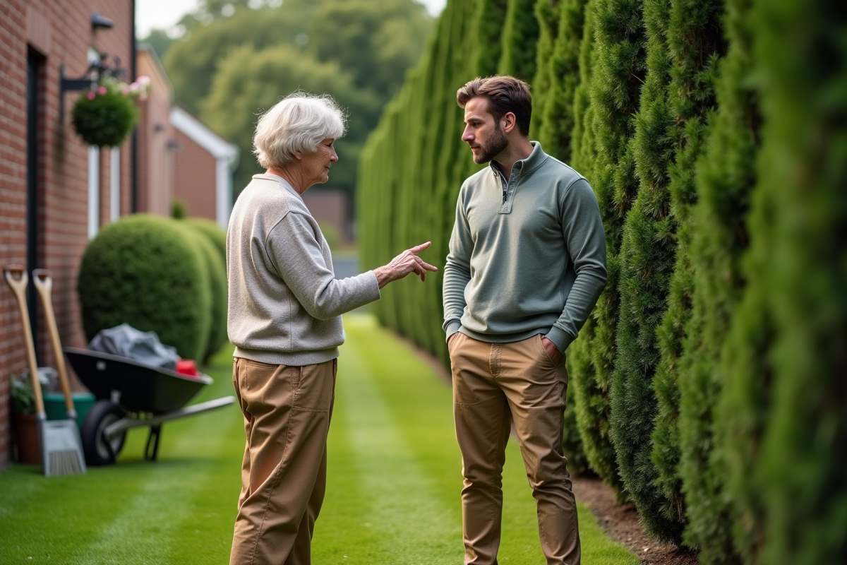 Femme âgée parlant avec un locataire dans le jardin