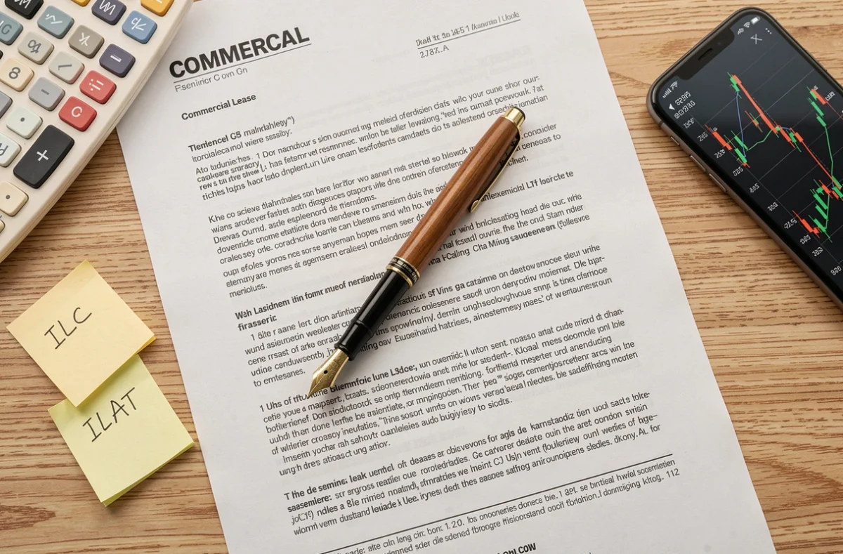 Documents de bail professionnel avec annotations manuscrites sur les indices ILC et ILAT et calculatrice sur un bureau en bois