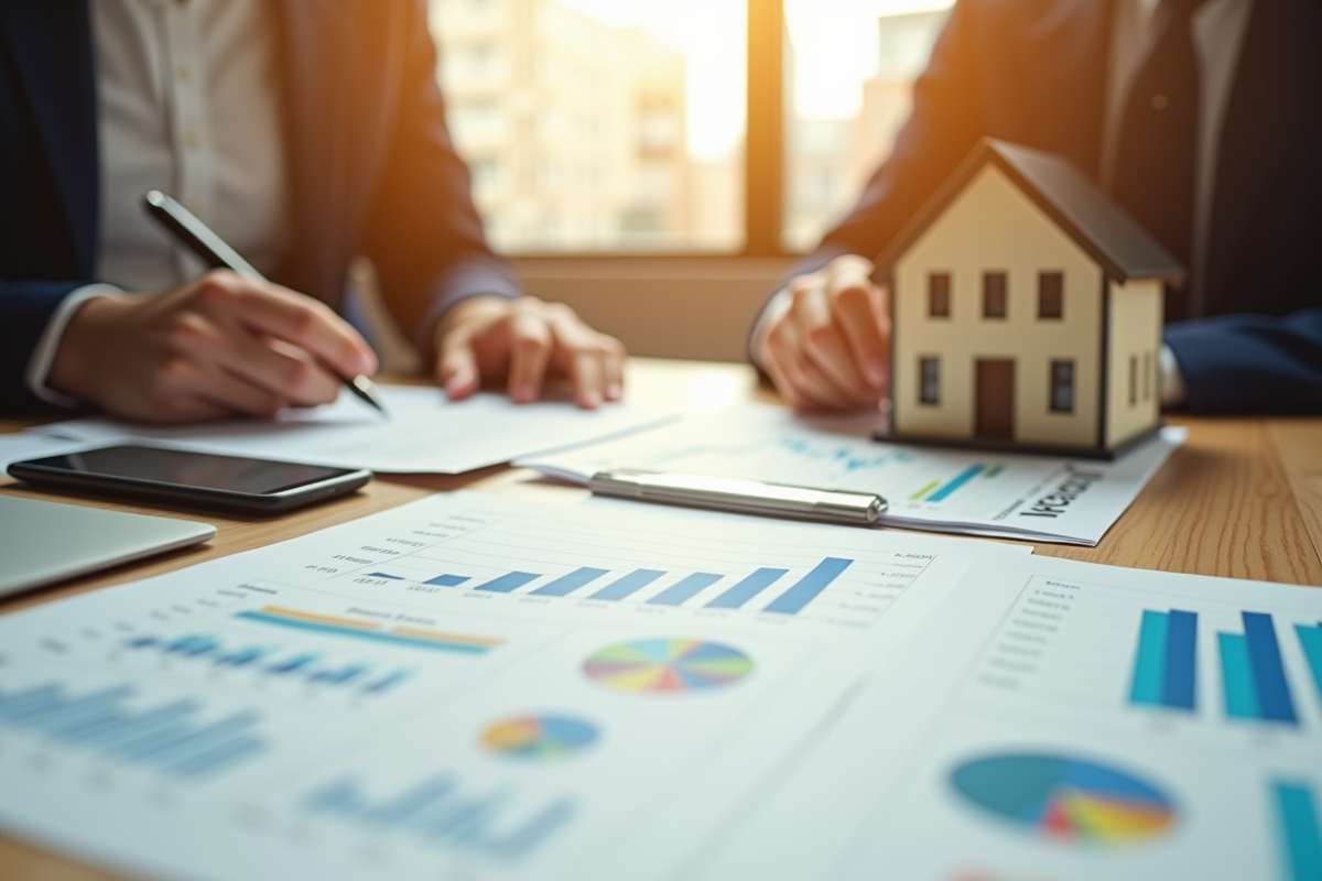Documents financiers et graphiques du marché immobilier sur un bureau