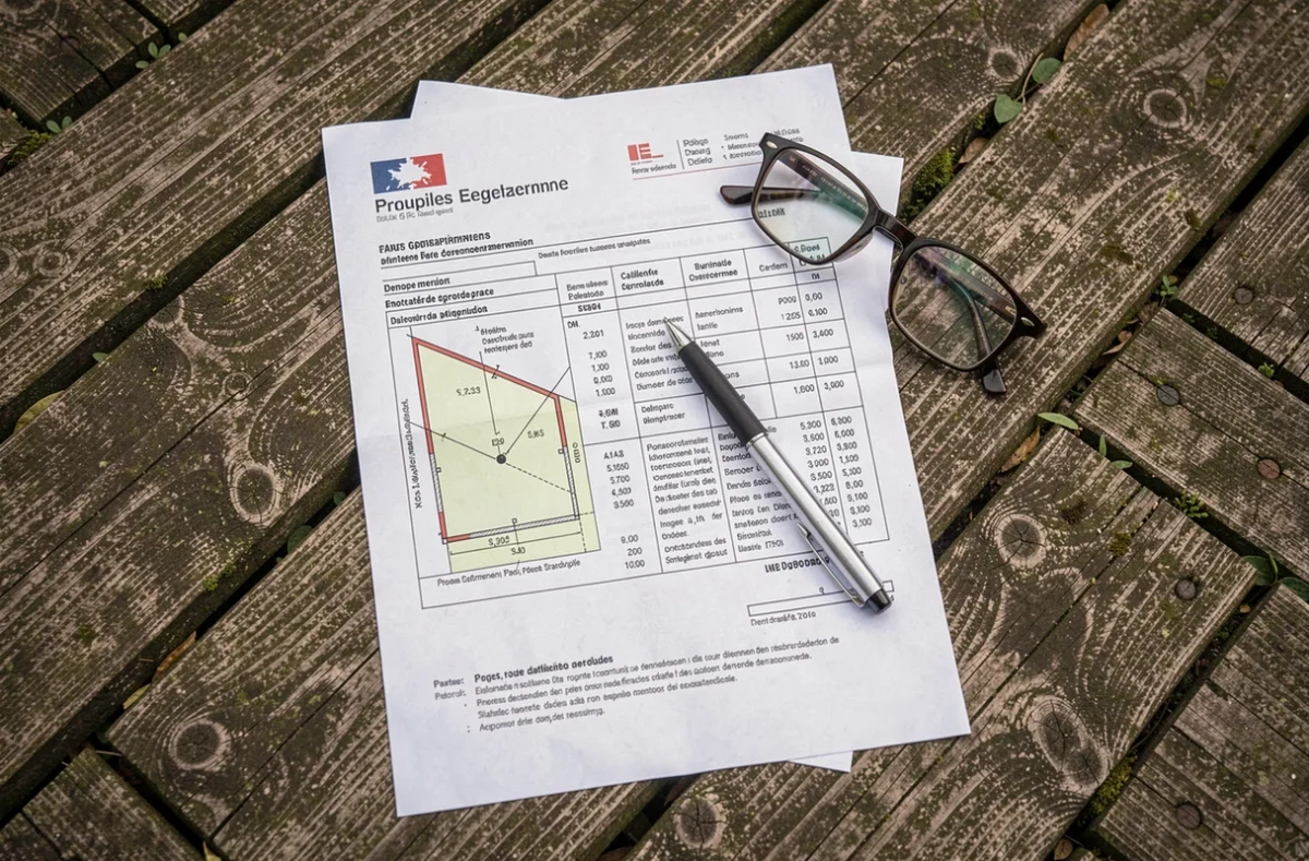 Documents officiels de taxe foncière posés sur une terrasse en bois avec plan cadastral et stylo