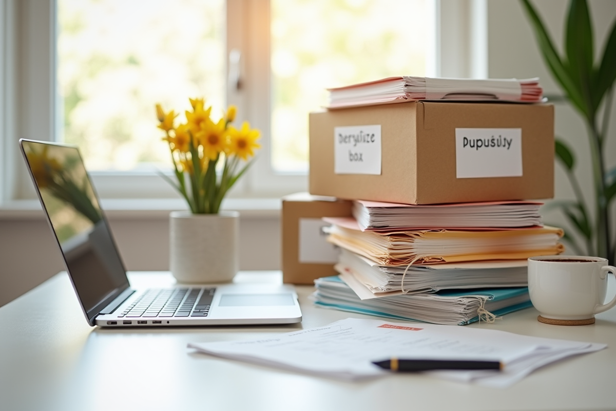 Dossiers et cartons de déménagement sur un bureau moderne