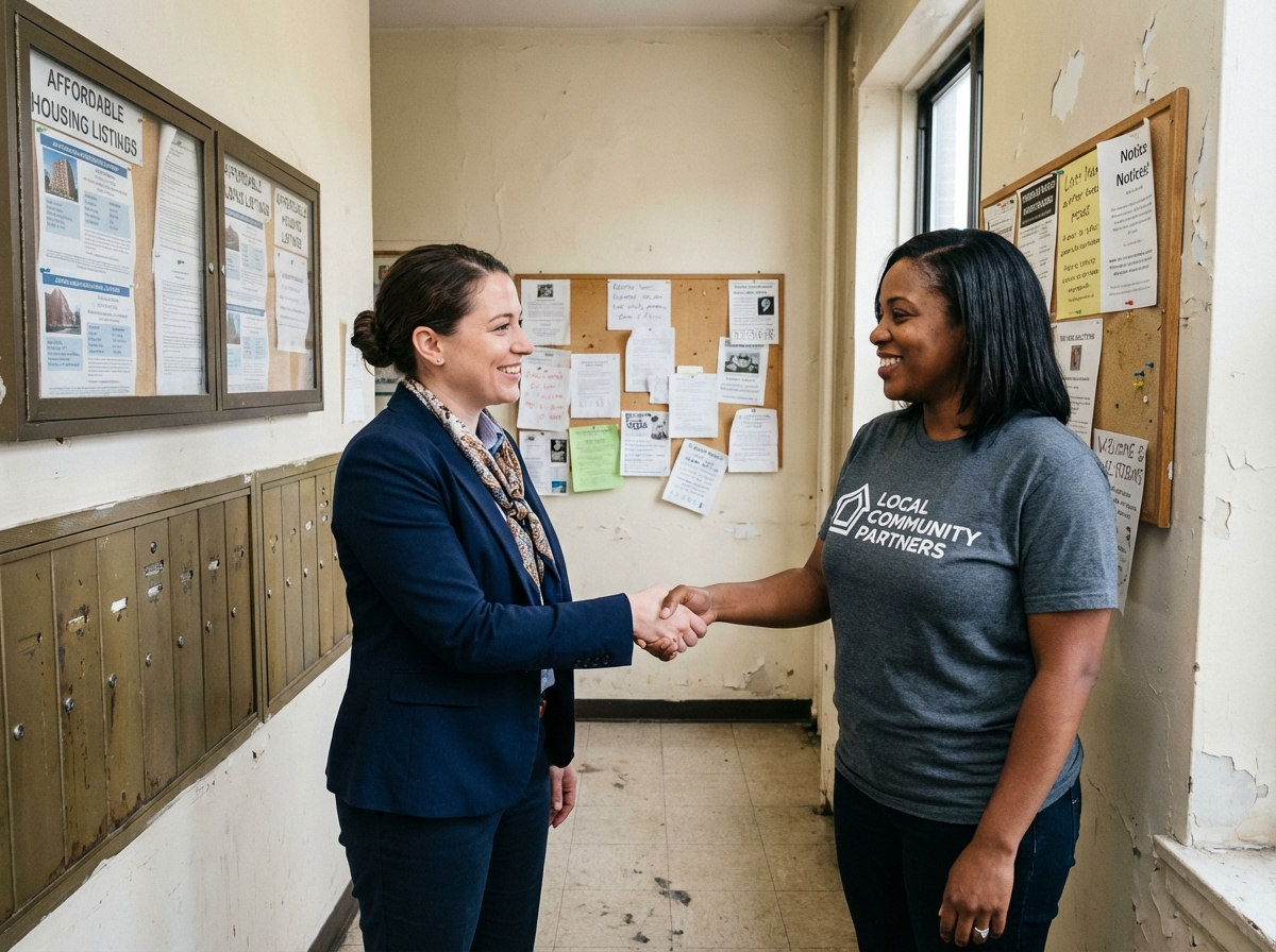 Deux femmes se serrent la main dans un hall communautaire