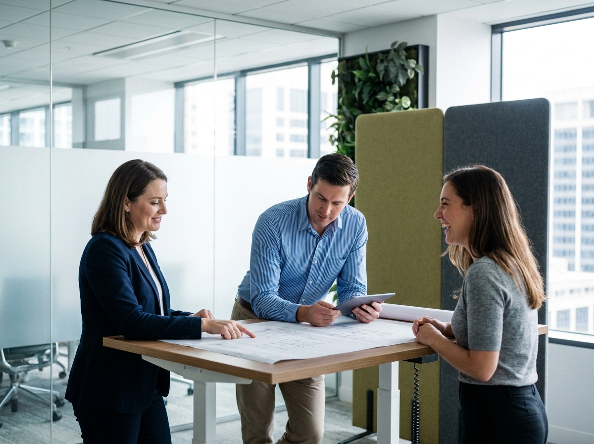 Équipe de professionnels collaborant dans un flex office moderne avec vue sur la ville et cloisons en verre